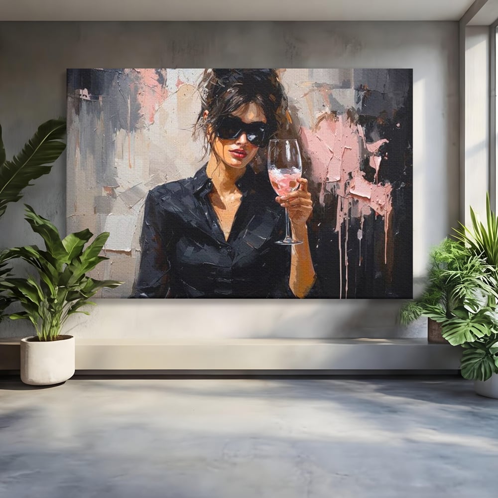 Tablou canvas cu tablou canvas cu femeie si pahar de vin, fara rama, pe sasiu de lemn